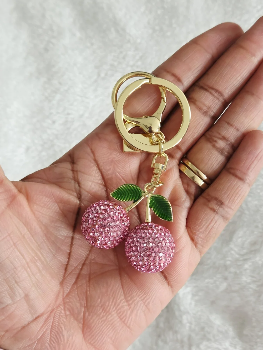 Pink Cherry Rhinestone Keychain - Gold Hardware Bling Bag Charm
